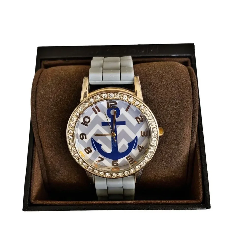 Charming Charlie Grey Navy Anchors Away Rhinestone Bezel Quartz Movement Watch